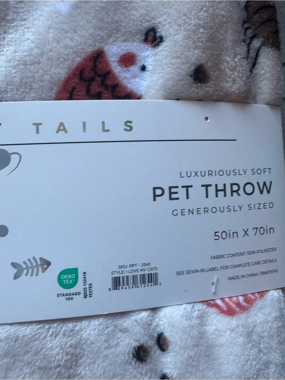 Happy Tails Adorable Throw Blanket for Pets & People w/Cats, Cat Toys, Fish NWT